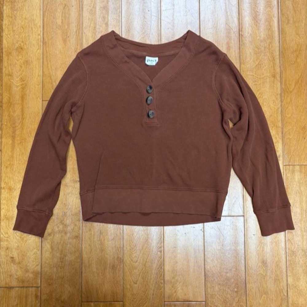 Pact Organic Cotton Thermal Henley Top Brown Waffle Knit Cropped Womens Small